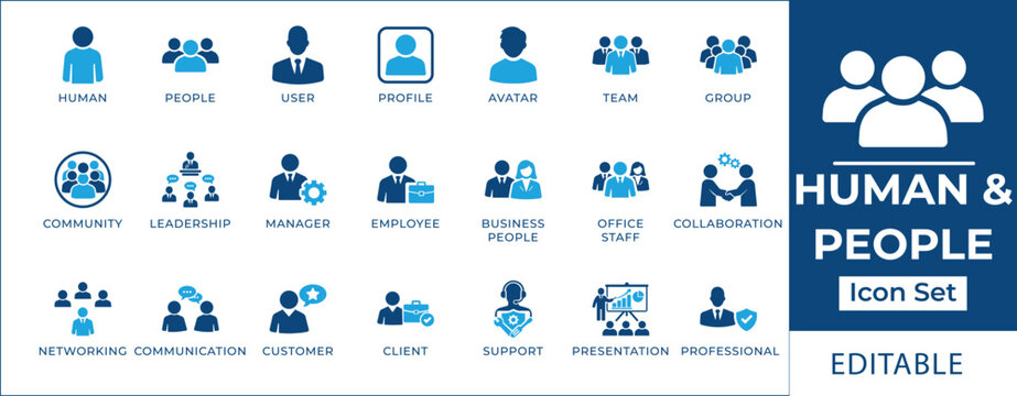 Human and people icon set featuring professional profiles, team collaboration, leadership, user avatar, customer support, business staff, and office community symbols.