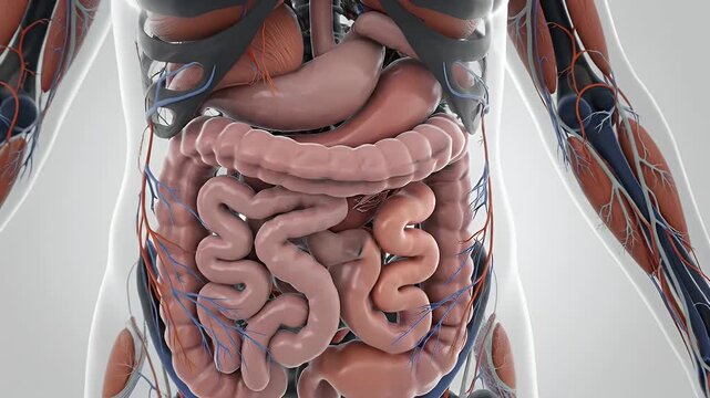 Human Digestive System Anatomy - 3D video showing a close-up of the human digestive system. The stomach, small intestine, large intestine, and surrounding blood vessels are visible in the anatomical