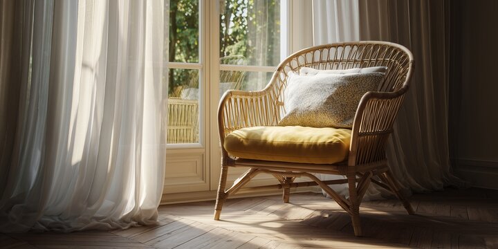A woven rattan lounge chair with a mustard cushion sits near an open window with sheer curtains fluttering in soft breeze. Herringbone floor and filtered light create a serene, sunlit corner.