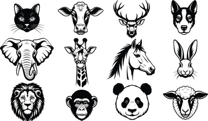 Black and white vector illustration set of twelve diverse animal heads including lion elephant giraffe panda and horse for zoo wildlife and nature branding © MstHanufa