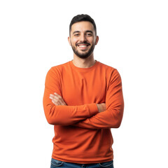Fototapeta premium Smiling man in orange shirt isolated on transparent background