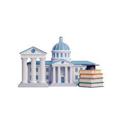 White Classical University Building With Blue Dome and Stacked Books Graduation Cap Isolated Transparent Background