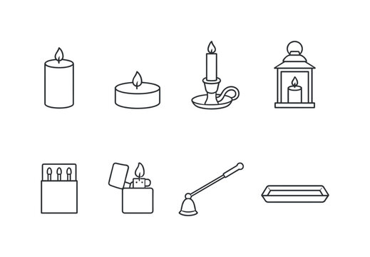 Home candle accessories: pillar candle, tealight candle, candle holder, lantern, matchbox, lighter, snuffer, wax tray