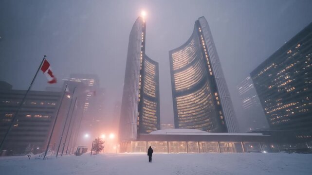 Striking winter scene of a modern city square blanketed in snow, featuring unique curved towers and a lone figure beneath city lights.