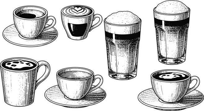 Vintage hand drawn coffee cups latte cappuccino and espresso engraving illustration set