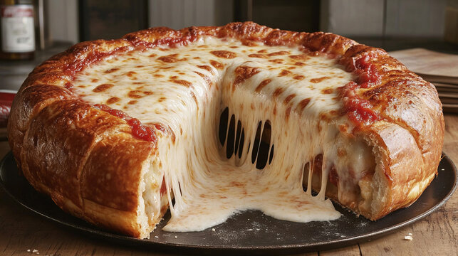 A pizza with a cheese-stuffed crust oozing with melted mozzarella as it&acirc;&euro;&trade;s sliced open