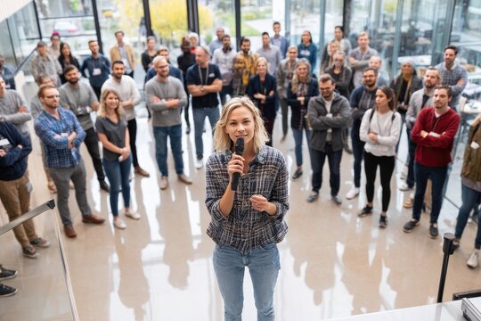 A woman speaks into a microphone as a crowd listens attentively