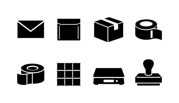 Office mailing supplies: envelope, padded mailer, shipping box, packing tape, label roll, stamp sheet, scale, address stamp