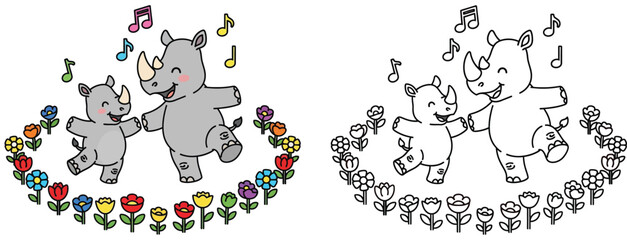 Adorable vector designs featuring a cartoon illustration of a happy mother and baby rhino dancing to music and flowers © AbuNazam