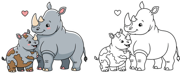 Cute Mother and Baby Rhino Cartoon Illustration for Children's Coloring Page Nursery Art Wildlife Education Vector Design with Colored and Line Art Version © AbuNazam