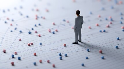 A miniature businessman contemplates a complex data visualization with a network of connections