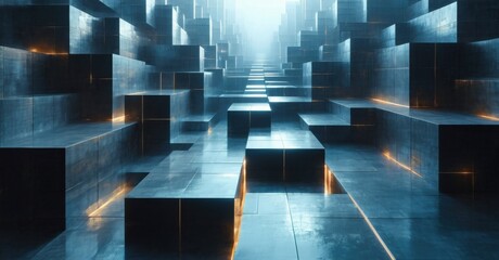 Fototapeta premium Futuristic cityscape. Dark blocks create mazelike structure. Bright lines illuminate pathways. Mysterious, abstract design.