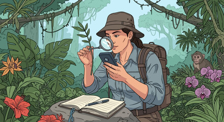 A botanist in a hat examines a plant with a magnifying glass in a lush jungle with a monkey in the background.
