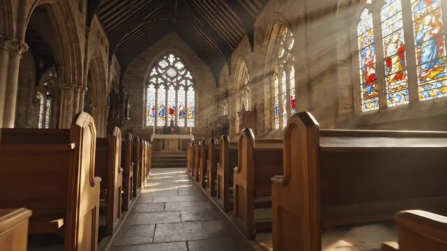 Church Interior with Stained Glass - This video shows the interior of a church, featuring rows of wooden pews that lead towards an altar and stained glass windows.