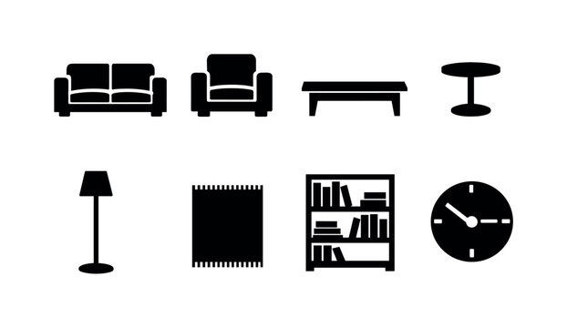 Home living room furniture: sofa, armchair, coffee table, side table, floor lamp, rug, bookshelf, wall clock