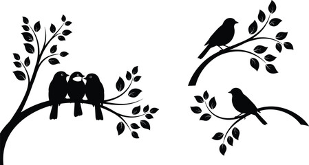 Vector Illustration Set of Black Bird Silhouettes Sitting on Tree Branches and Leafy Vines for Nature Wildlife Spring and Garden Graphic Designs
