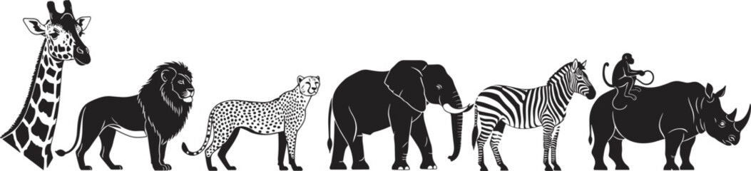 Diverse African Safari Animal Silhouette Collection Featuring Giraffe Lion Cheetah Elephant Zebra and Rhino with Monkey Elements Isolated on a Clean White Background for Design © Best Design221