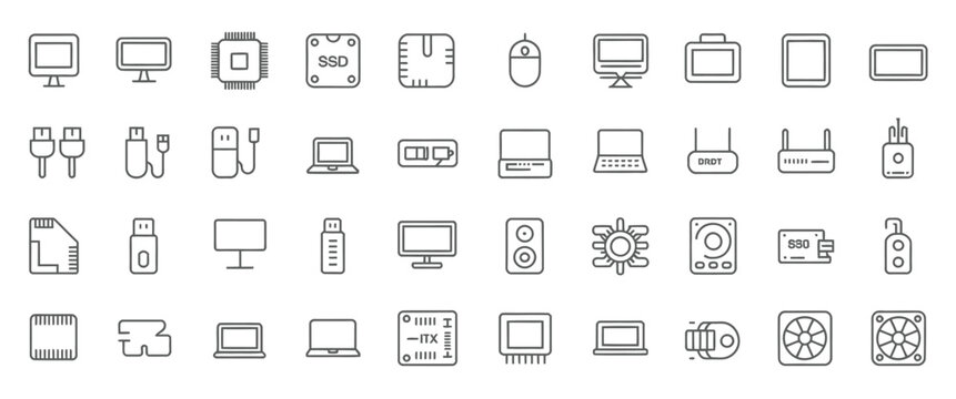 computer components line icon set, laptop ssd motherboard cpu internet cables wifi router monitor graphic card keyboard vector illustration.