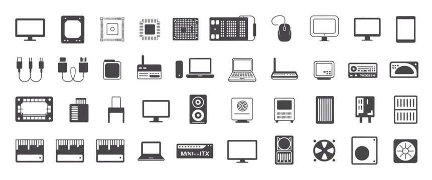 computer components line icon set, laptop ssd motherboard cpu wifi router internet cables monitor graphic card keyboard symbols vector collection.