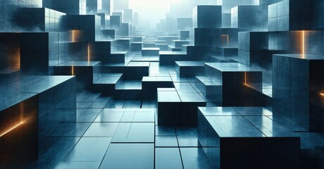 Fototapeta premium Abstract cubic structure. Blue tones dominate, creating futuristic, geometric space. Light lines add depth, mystery.