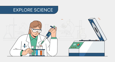 A scientist in a lab coat and goggles uses a pipette to add liquid to test tubes, with a centrifuge in the background.