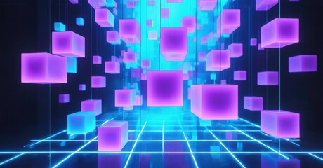 Obraz premium Abstract digital space. Glowing cubes float above grid floor. Bright neon colors create futuristic scene. Dramatic lighting enhances depth.