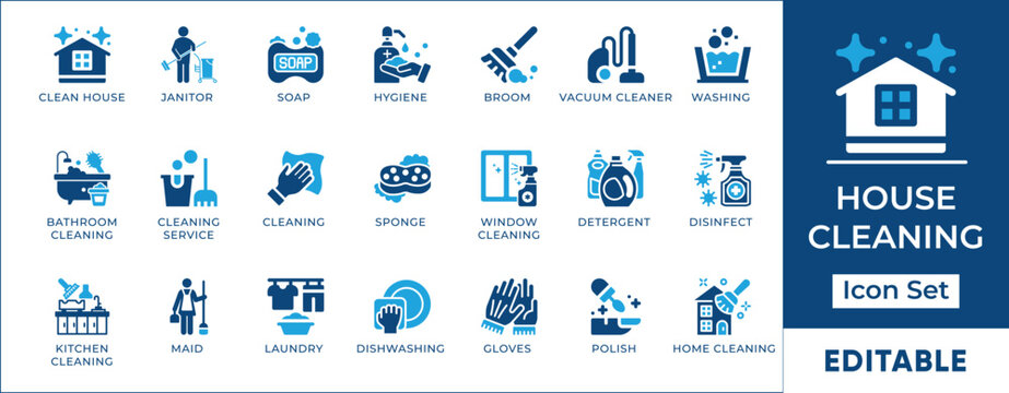 Professional house cleaning service and domestic hygiene chore vector icon set