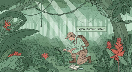 A scientist kneels in a lush jungle, examining a plant with a magnifying glass, surrounded by dense foliage and dappled sunlight.