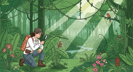 A botanist with a magnifying glass examines a plant in a lush, sun-dappled rainforest with a parrot perched on a branch.