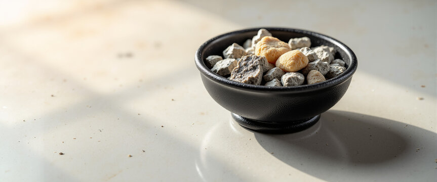 Black bowl filled with stones and pebbles