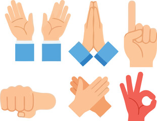 Obraz premium Set of diverse hand gestures including open palms, prayer, pointing finger, fist, clapping, and OK sign for communication and expression