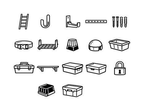 Home outdoor ladder storage items: ladder, wall hook, ladder bracket, mounting rail, screw set, wall anchor, safety strap, storage rack, rubber foot