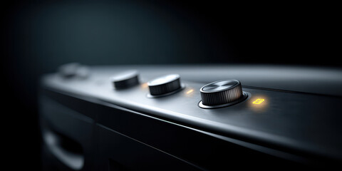 Sleek control panel with illuminated knobs modern appliance black finish close up minimalistic design technology kitchen equipment stylish futuristic functional