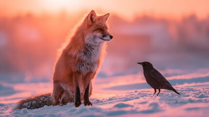 Fototapeta premium Red Fox and Crow Encounter in a Snowy Winter Landscape at Sunset.