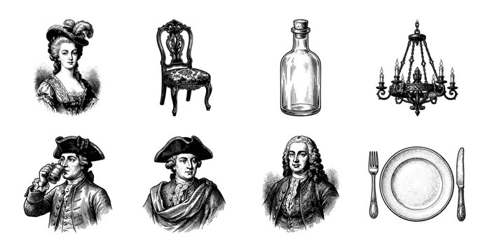Vintage collection of eighteenth century woodcut illustrations featuring aristocratic portraits and period domestic objects in a classic engraving style.