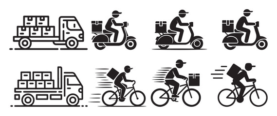 Naklejka premium Eco friendly bicycle and scooter delivery courier silhouette icons. vector illustration eps 10
