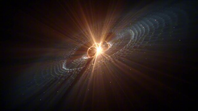 Epic cinematic space transformation, two massive stars merging one hyper-luminous core, electromagnetic plasma bridges connecting surfaces, fusion flare burst, sudden gravitational collapse black hole