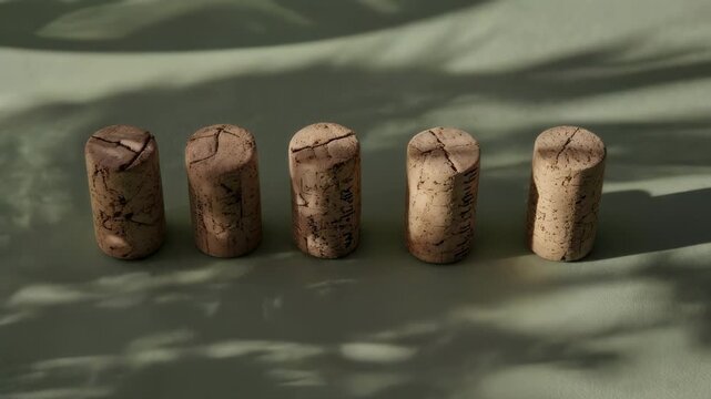 Five corks lined up on a textured surface with dappled light and shadow