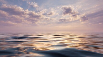 Serene Ocean Surface with Softly Lit Clouds at Sunset.