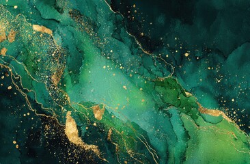 Obraz premium Abstract emerald green and gold fluid art with swirling patterns