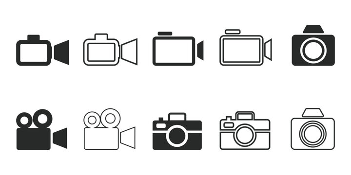 Set of sleek camera and video camera icons for media and technology projects