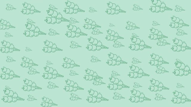 Food doodle pattern with dango skewers and green tea leaves, perfect for quirky culinary designs like menus and stationery.