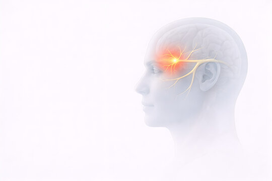 Photorealistic 3D clinical concept render: adult person holding one temple with a subtle soft red glow overlay indicating migraine pain, neutral facial expression