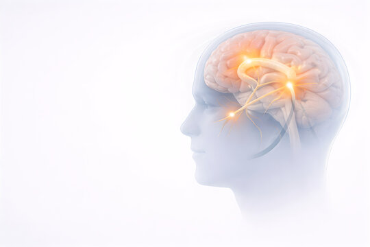 Photorealistic 3D clinical concept render: adult person holding one temple with a subtle soft red glow overlay indicating migraine pain, neutral facial expression