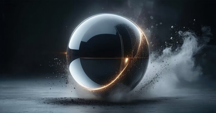 Metallic sphere splits apart. Glowing energy surrounds impact point. Dark background emphasizes dramatic effect. Smoke rises from surface.