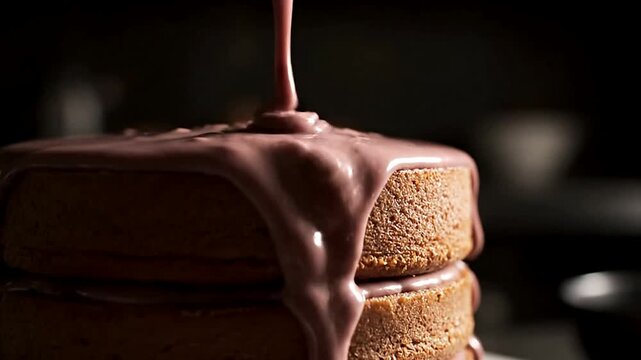 Close up of glaze pouring on cake in dark setting or Close up of frosting flowing on layer cake in studio