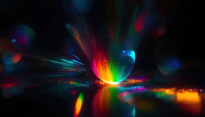 Blurred rainbow refraction overlay effect. Light lens prism effect on black background. Holographic reflection, crystal flare leak shadow overlay. Colorful rainbow disco ball light