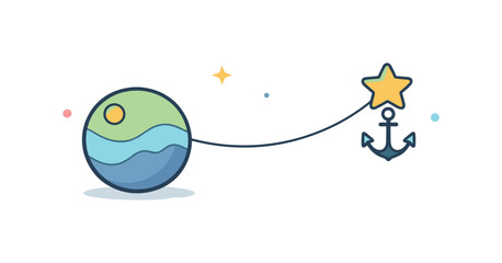 Stable inner reference point during ongoing uncertainty framed as cosmic anchor, a planet gently tethered to a minimal anchor star by a thin line