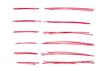 Set of hand drawn red marker line design element, grunge strokes, doodle lines underline scribble