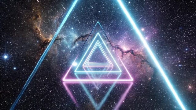 Neon Triangle Frame in Space - This video features a series of neon triangles forming a frame effect against a backdrop of colorful nebula clouds and stars.